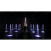 Astera SolaBulb stage lighting demonstration person standing center stage surrounded by multiple SolaBulb light beams in grid pattern on dark stage promotional shot