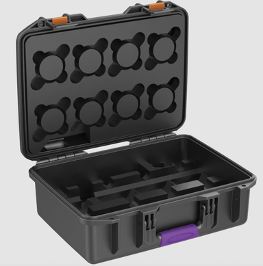 Astera SolaBulb transportation case only open lid showing 8 circular bulb holders in lid and accessory compartments in base empty black hard case with orange latches and purple handle white background
