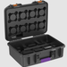Astera SolaBulb transportation case only open lid showing 8 circular bulb holders in lid and accessory compartments in base empty black hard case with orange latches and purple handle white background