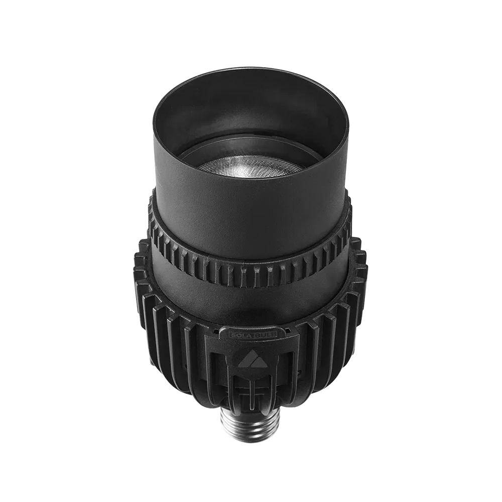 Astera SolaBulb with SolaSnoot wide snoot attached close-up angle view showing lens opening heat sink fins and E27 screw base black bulb transparent background