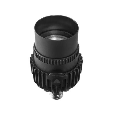 Astera SolaBulb with SolaSnoot wide snoot attached close-up angle view showing lens opening heat sink fins and E27 screw base black bulb transparent background