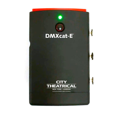 City Theatrical DMXcat-E multi function test tool front view with green LED status light orange top edge side connectors and City Theatrical branding white background