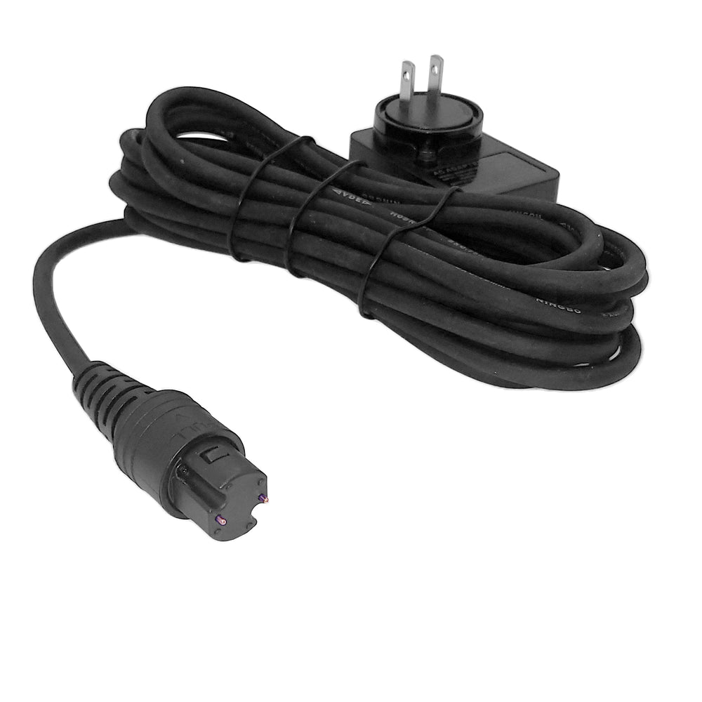 Gantom Cinema WorkLight charger male power cable with wall plug and multi-pin connector coiled black cable on white background