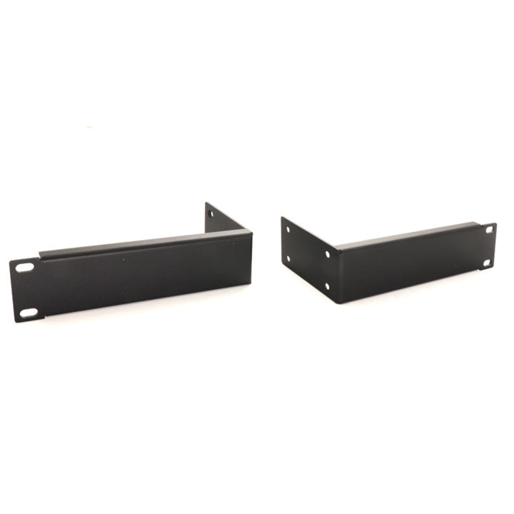 LumenRadio Aurora Luna rack mounting kit two black metal rack ear brackets for standard equipment rack mounting front and rear angle views white background