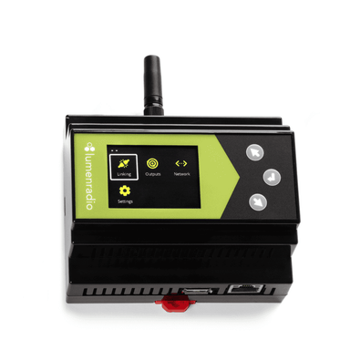 LumenRadio Galileo MAX wireless DMX transmitter angle view showing LCD display with Linking Outputs Network Settings menu icons navigation buttons antenna DIN-rail mounting black unit white background