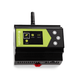 LumenRadio Galileo MAX wireless DMX transmitter angle view showing LCD display with Linking Outputs Network Settings menu icons navigation buttons antenna DIN-rail mounting black unit white background