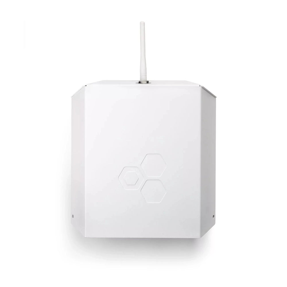 LumenRadio Galileo outdoor kit fully assembled with vandal cover and 2dBi antenna mounted on IP67 DIN-rail enclosure angle view hexagon logo silver white finish white background