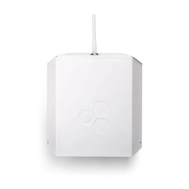 LumenRadio Galileo outdoor kit fully assembled with vandal cover and 2dBi antenna mounted on IP67 DIN-rail enclosure angle view hexagon logo silver white finish white background