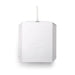 LumenRadio Galileo outdoor kit fully assembled with vandal cover and 2dBi antenna mounted on IP67 DIN-rail enclosure angle view hexagon logo silver white finish white background