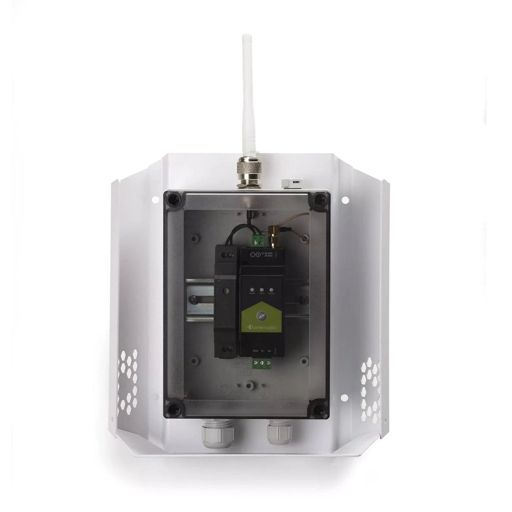 LumenRadio Galileo outdoor kit with vandal cover open showing IP67 enclosure interior with Galileo TX mounted on DIN rail PSU 2dBi antenna and cable glands front view white background