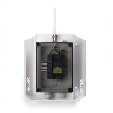 LumenRadio Galileo outdoor kit with vandal cover open showing IP67 enclosure interior with Galileo TX mounted on DIN rail PSU 2dBi antenna and cable glands front view white background