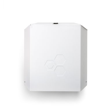 LumenRadio Galileo outdoor vandal cover metal housing angle view showing hexagon logo pattern silver white finish for IP67 enclosure protection white background