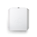 LumenRadio Galileo outdoor vandal cover metal housing angle view showing hexagon logo pattern silver white finish for IP67 enclosure protection white background