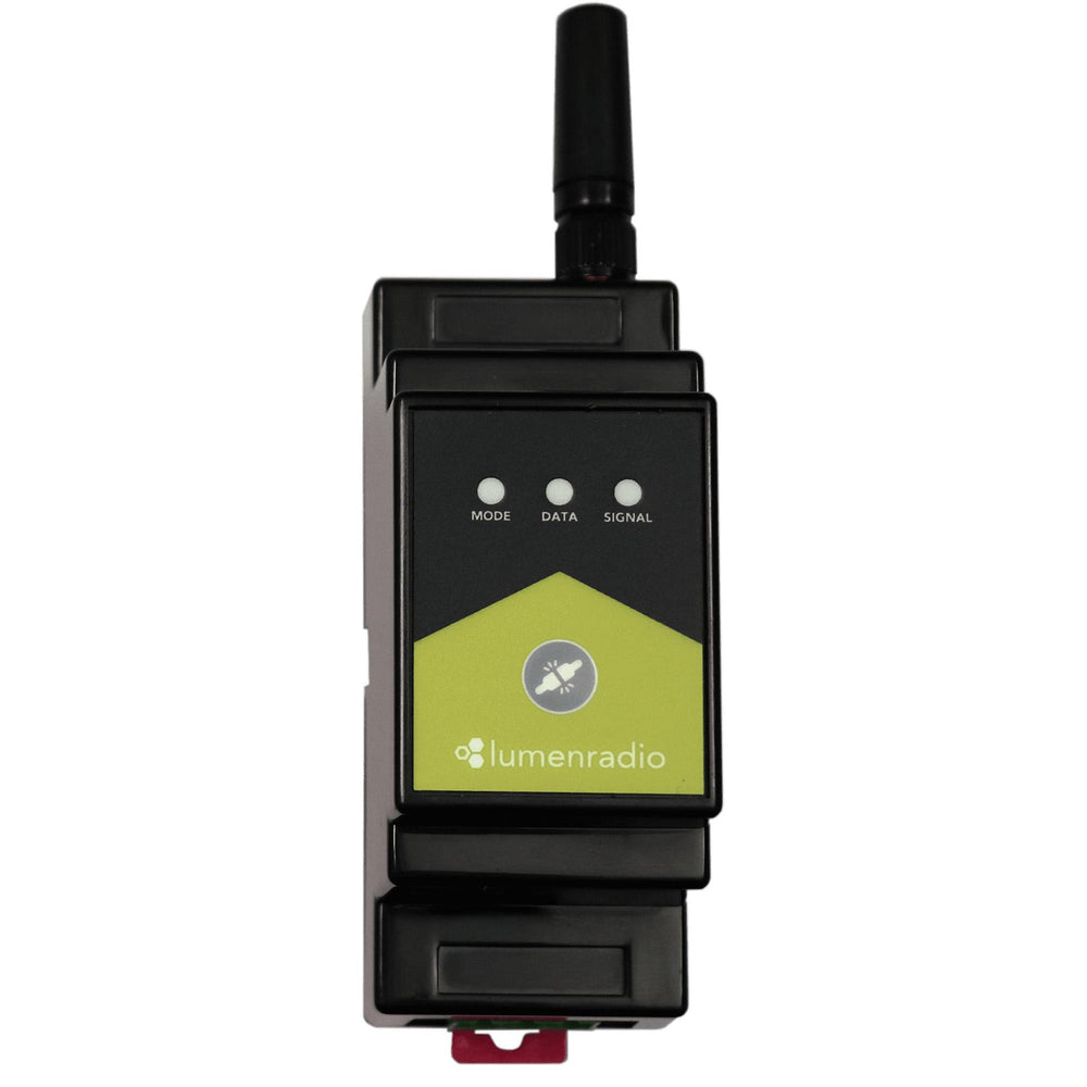 LumenRadio Galileo RX wireless DMX receiver DIN-rail form factor front view showing antenna MODE DATA SIGNAL LED indicators LumenRadio logo black unit white background