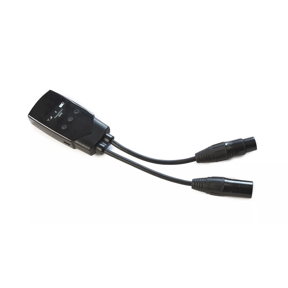 LumenRadio MoonLite 2 wireless DMX CRMX transceiver angle view showing dual 5-pin XLR connectors navigation buttons OLED display and USB-C port black unit white background