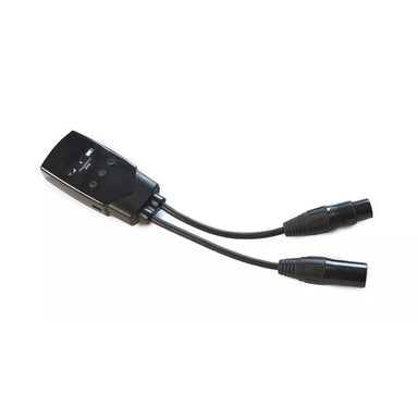 LumenRadio MoonLite 2 wireless DMX CRMX transceiver angle view showing dual 5-pin XLR connectors navigation buttons OLED display and USB-C port black unit white background