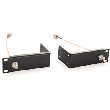 LumenRadio Stardust Transmitter Rack Mount two black metal rack mounting brackets with antenna patch cables and coaxial connectors for front-panel antenna routing front and rear angle views white background