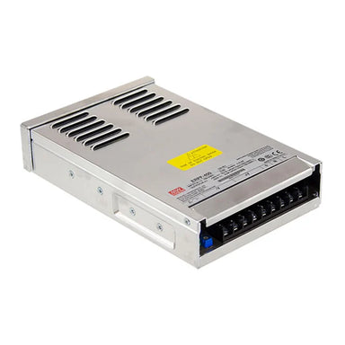 Mean Well ERPF-400-24 power supply AC DC converter 24V 401W angle view showing ventilation slots terminal block connectors and metal enclosure white background