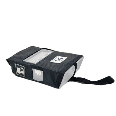 Moss Illumination MI Fixture PSU holder with MeanWell power supply installed angle view showing fabric pouch velcro strap and branded label