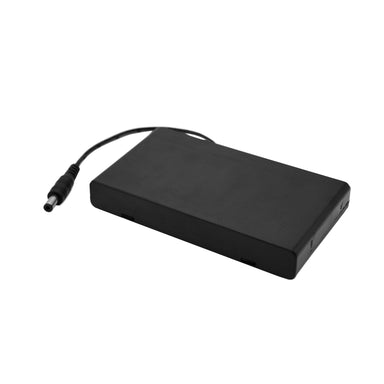 Moss LED 12V battery holder closed top angle view, DC barrel connector cable, on/off switch, black case, white background