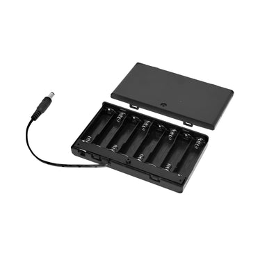 Moss LED 12V battery holder open showing 8 AA battery slots, DC barrel connector cable, on/off switch, black case, white background