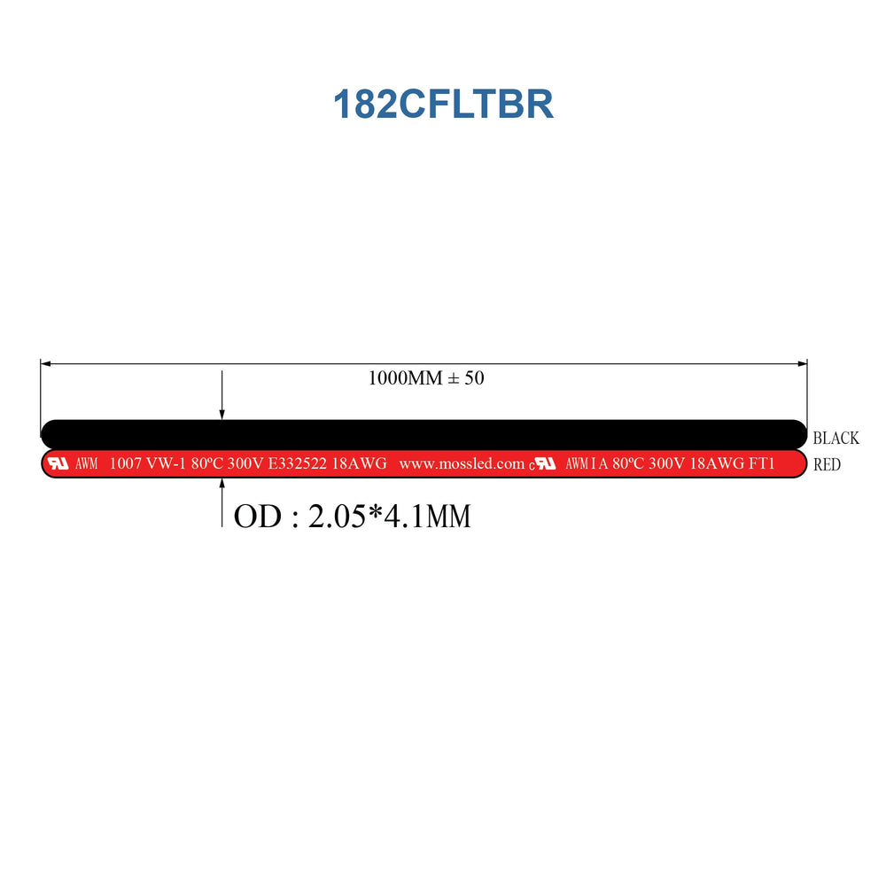 Technical drawing of MossLED 2-conductor 18AWG flat cable in black and red with dimensions and specifications for SKU 182CFLTBR