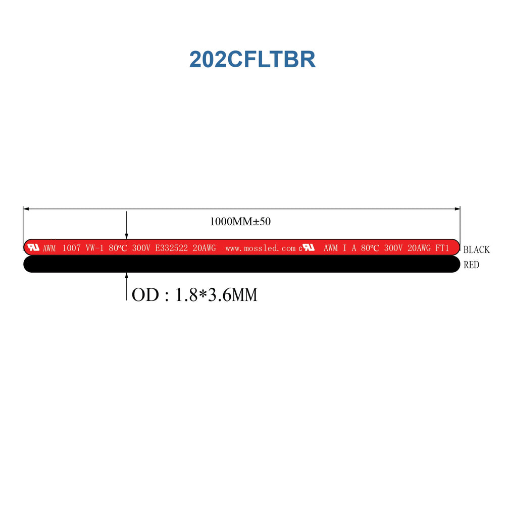 Technical drawing of MossLED 2-conductor 20AWG flat cable in black and red with dimensions and specifications for SKU 202CFLTBR