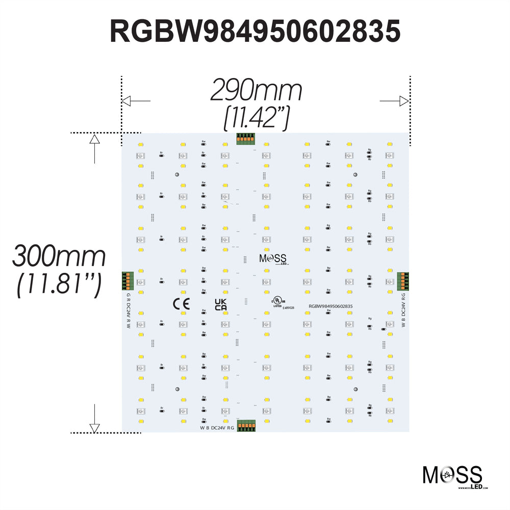 Moss LED 24V RGB White Panel 1x1 foot spec diagram 290mm x 300mm dimensions