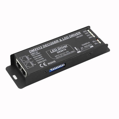 Moss LED 3-channel DMX dimmer constant current 700mA decoder angle view showing DMX512 LED driver with DIP switches RJ45 connectors and wiring diagram black unit white background