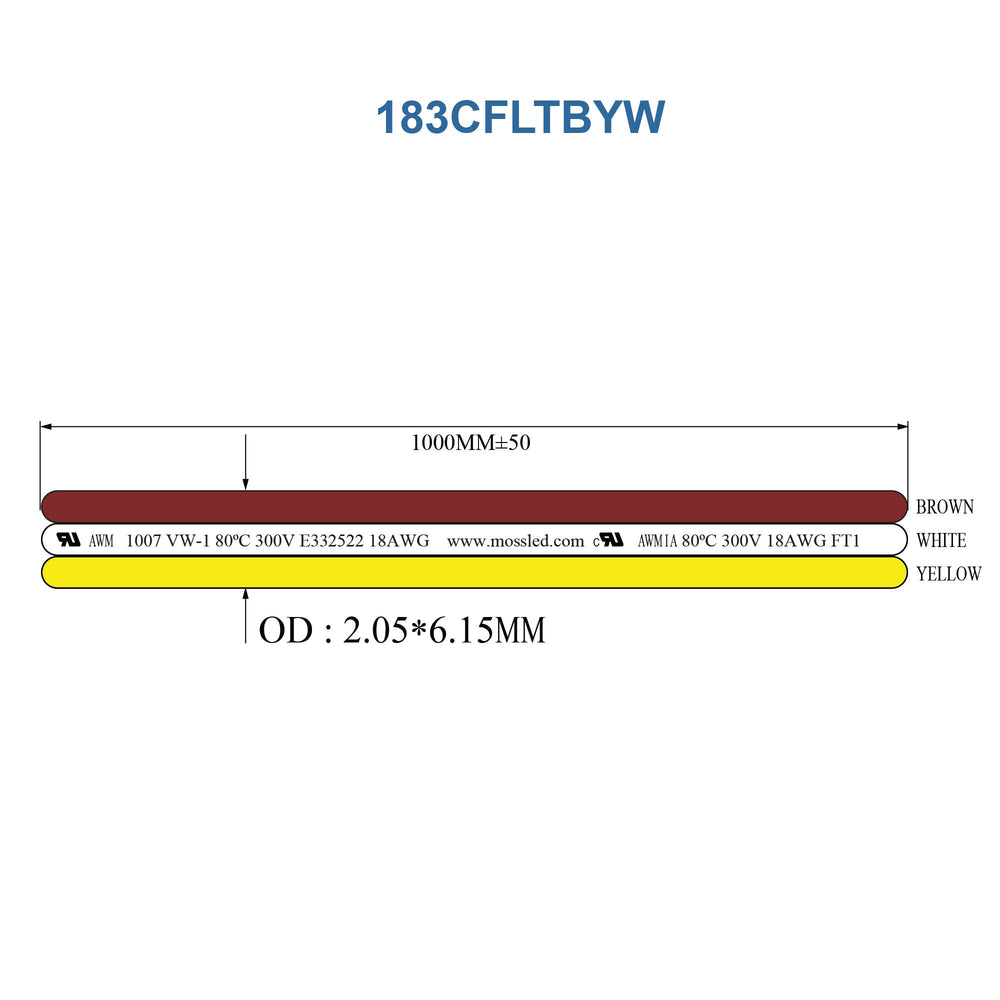 Technical drawing of MossLED 3-conductor 18AWG flat cable in brown white and yellow with dimensions and specifications for SKU 183CFLTBYW