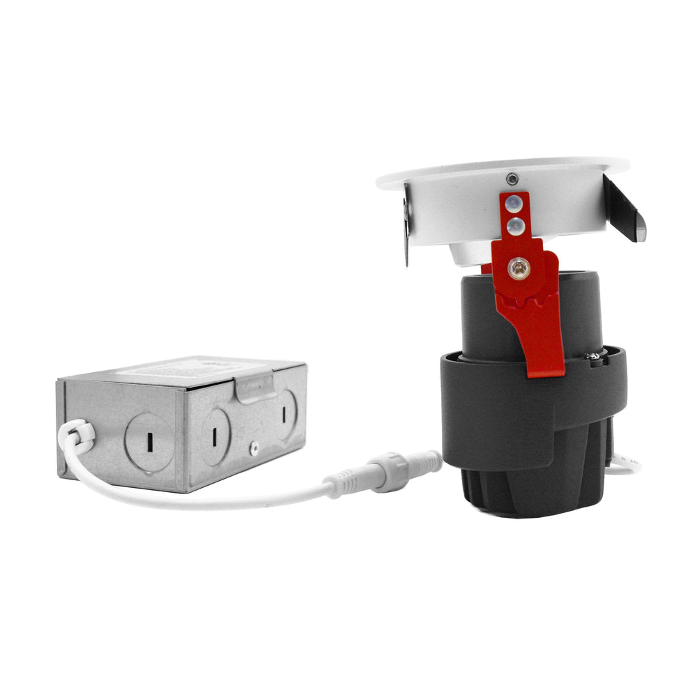 Moss LED 3-Inch Recessed Downlight Dim-To-Warm front tilted upward view showing aluminum junction box red spring clip pivot point grey heat sink underside white trim white background