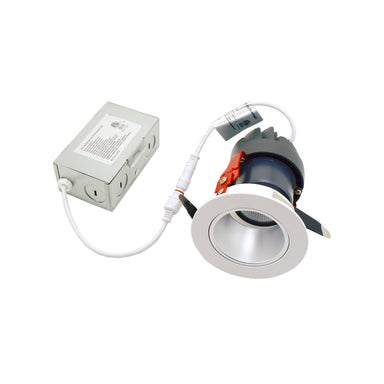 Moss LED 3-Inch Recessed Downlight Dim-To-Warm with IC-rated aluminum junction box silver reflector white flange red spring clips white cable connection white background