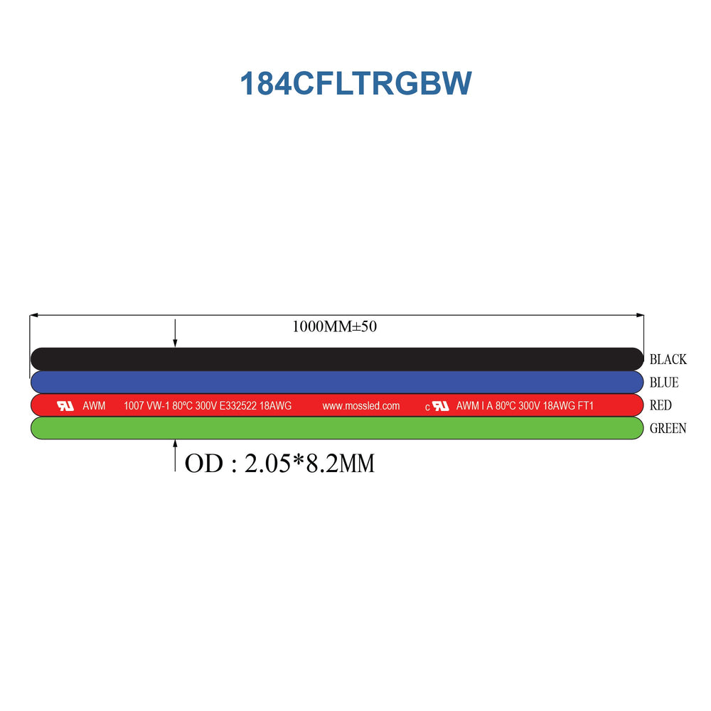 Technical drawing of MossLED 4-conductor 18AWG RGBW flat cable in black blue red and green with dimensions and specifications for SKU 184CFLTRGBW