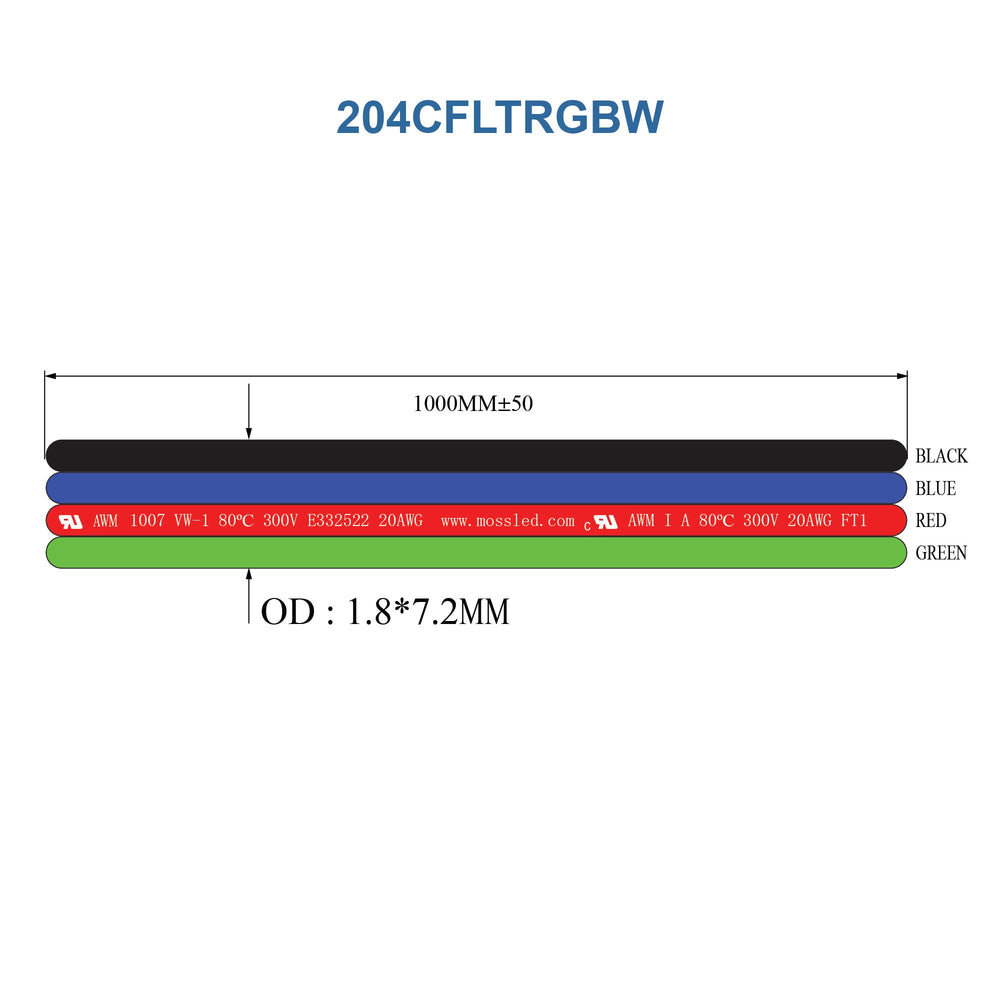 Technical drawing of MossLED 4-conductor 20AWG RGBW flat cable in black blue red and green with dimensions and specifications for SKU 204CFLTRGBW