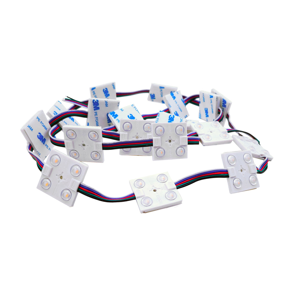 Moss LED 4-LED RGBW Waterproof Module 12V 4100K IP67 20-piece string coiled white background with 3M adhesive backing
