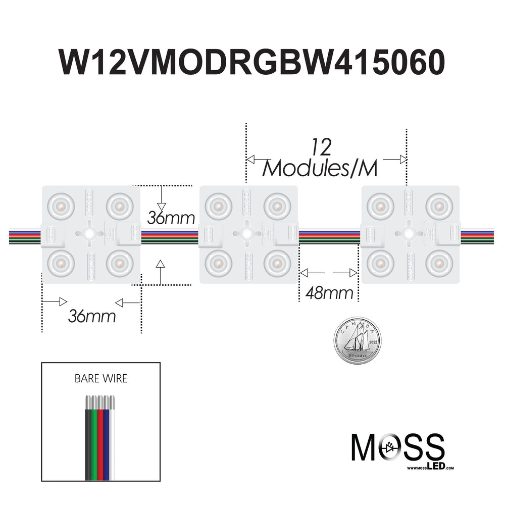Moss LED 4-LED RGBW Waterproof Module 12V spec diagram showing 36mm module dimensions 12 modules per meter bare wire connector