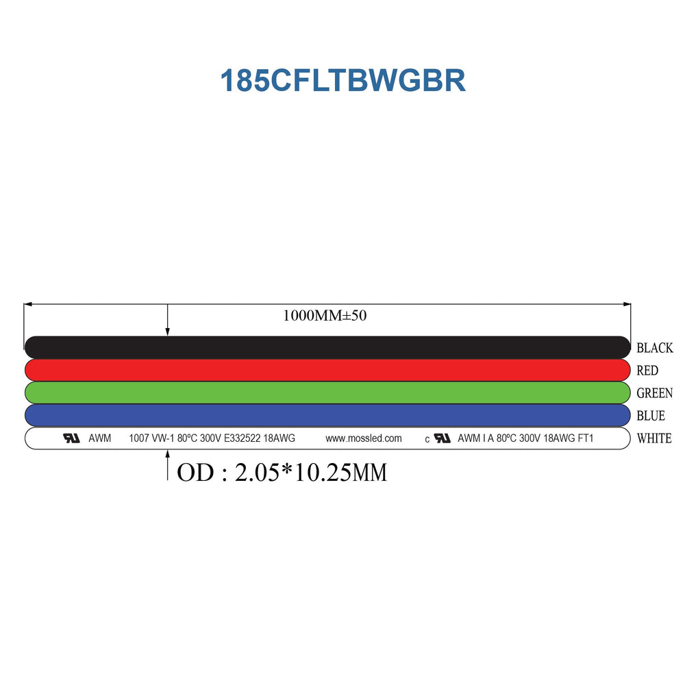 Technical drawing of MossLED 5-conductor 18AWG flat cable in black red green blue and white with dimensions and specifications for SKU 185CFLTBWGBR