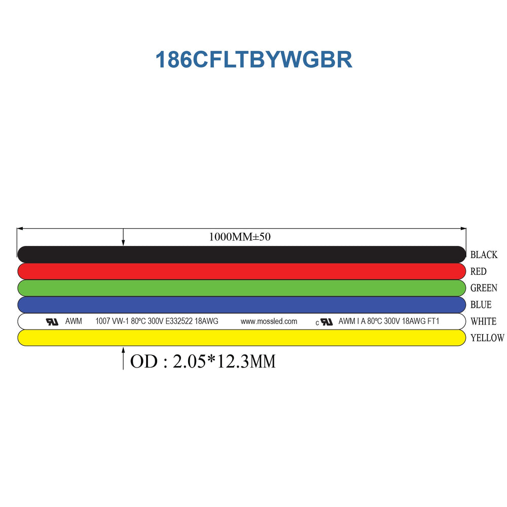 Technical drawing of MossLED 6-conductor 18AWG flat cable in black red green blue white and yellow with dimensions and specifications for SKU 186CFLTBYWGBR