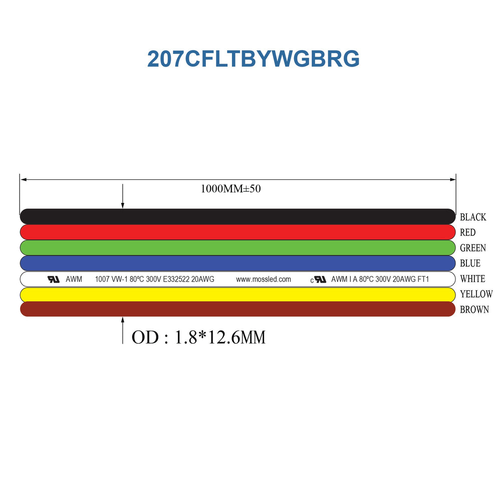 Technical drawing of MossLED 7-conductor 20AWG flat cable in black red green blue white yellow and brown with dimensions and specifications for SKU 207CFLTBYWGBRG