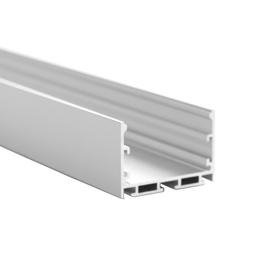 Moss LED ALLL5050D aluminum LED profile channel 2-meter closeup angled view showing cross-section internal channels and end cap detail white powder-coated extrusion on white background