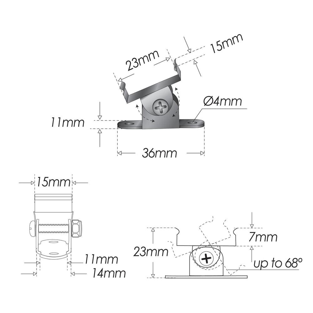 Moss LED ALM-2310 rotating clip technical drawing with dimensions 23mm width 36mm base 15mm height 4mm screw hole up to 68 degree rotation angle