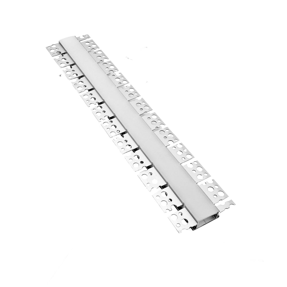 Moss LED ALSST-6114F flexible aluminum channel with milky silicone cover installed angle view showing mounting wings for drywall recessed installation silver white background