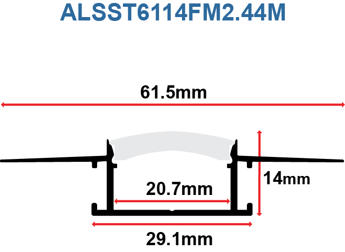 Moss LED ALSST-6114F flexible aluminum channel cross-section technical drawing showing dimensions 20mm width with silicone cover profile transparent background