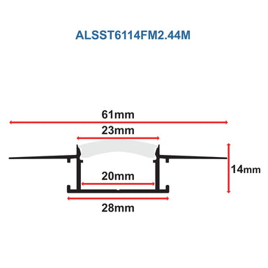 Moss LED ALSST-6114F flexible aluminum channel cross-section technical drawing with dimensions 61mm width 14mm height 23mm inner width milky diffuser cover profile white background