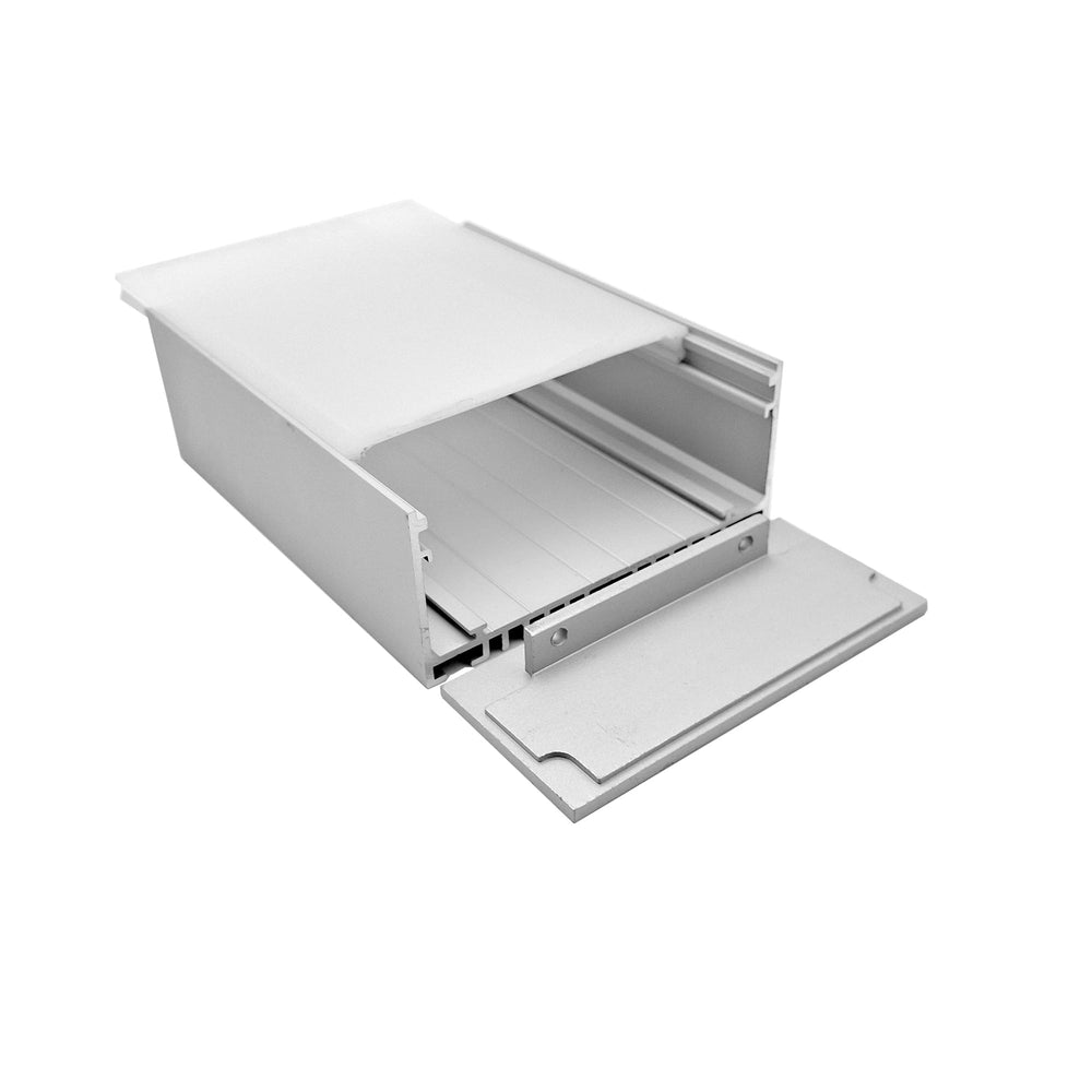 Moss LED ALSST-8035C aluminum channel with frosted cover partially open angle view showing channel body mounting plate and cover assembly silver white background