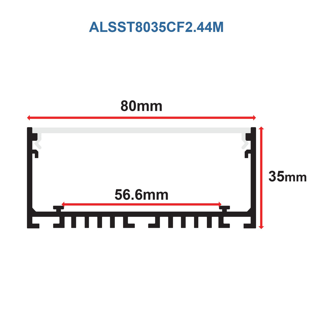 Moss LED ALSST-8035C aluminum channel cross section technical drawing showing dimensions 80mm width 35mm height 56.6mm internal width with frosted cover profile white background