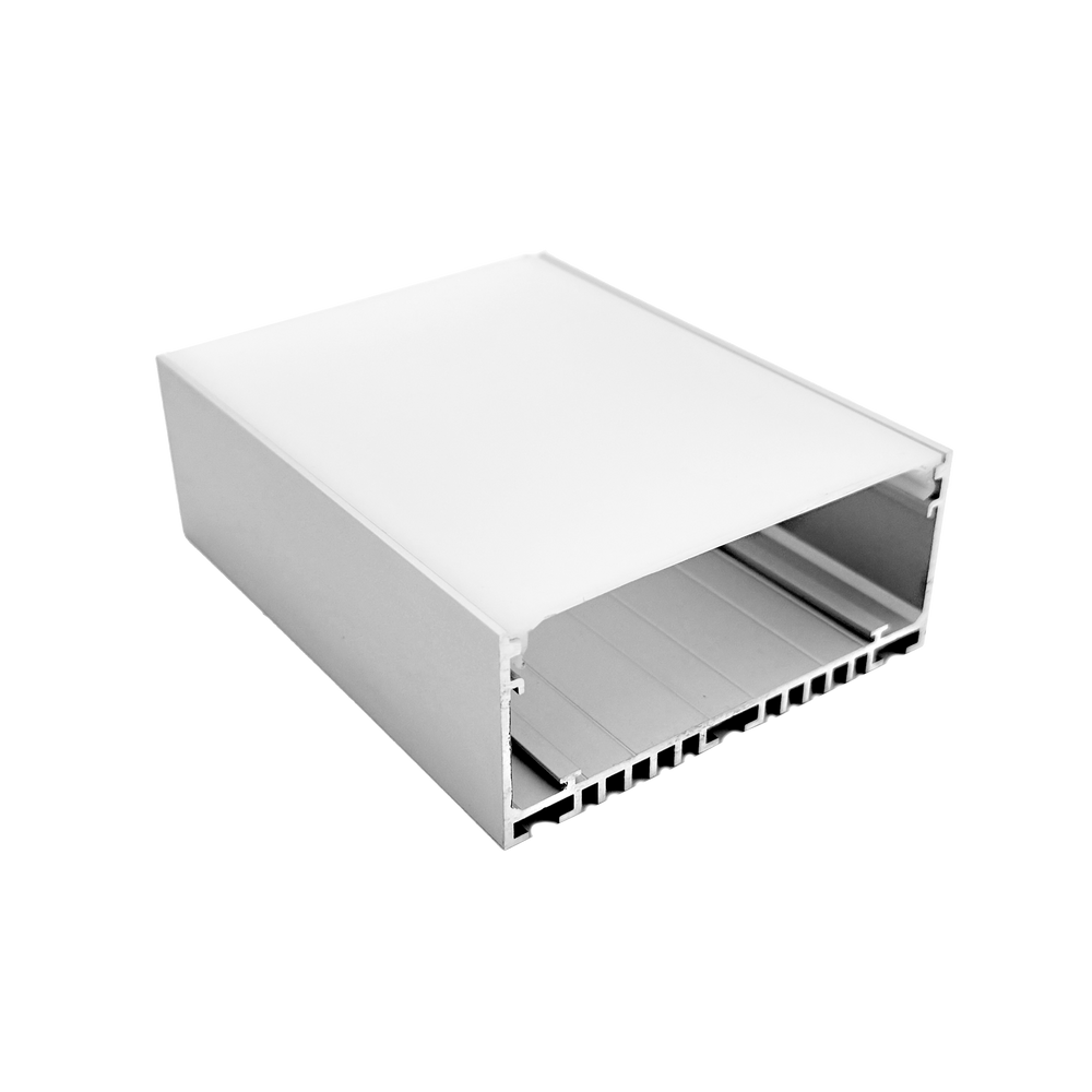 Moss LED ALSST-8035C aluminum channel with frosted polycarbonate cover angle view showing wide surface mount profile with heat dissipation fins silver transparent background