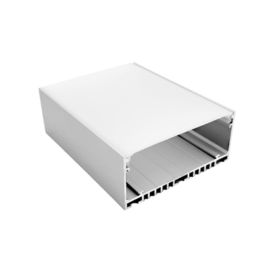 Moss LED ALSST-8035C aluminum channel with frosted polycarbonate cover angle view showing wide surface mount profile with heat dissipation fins silver transparent background