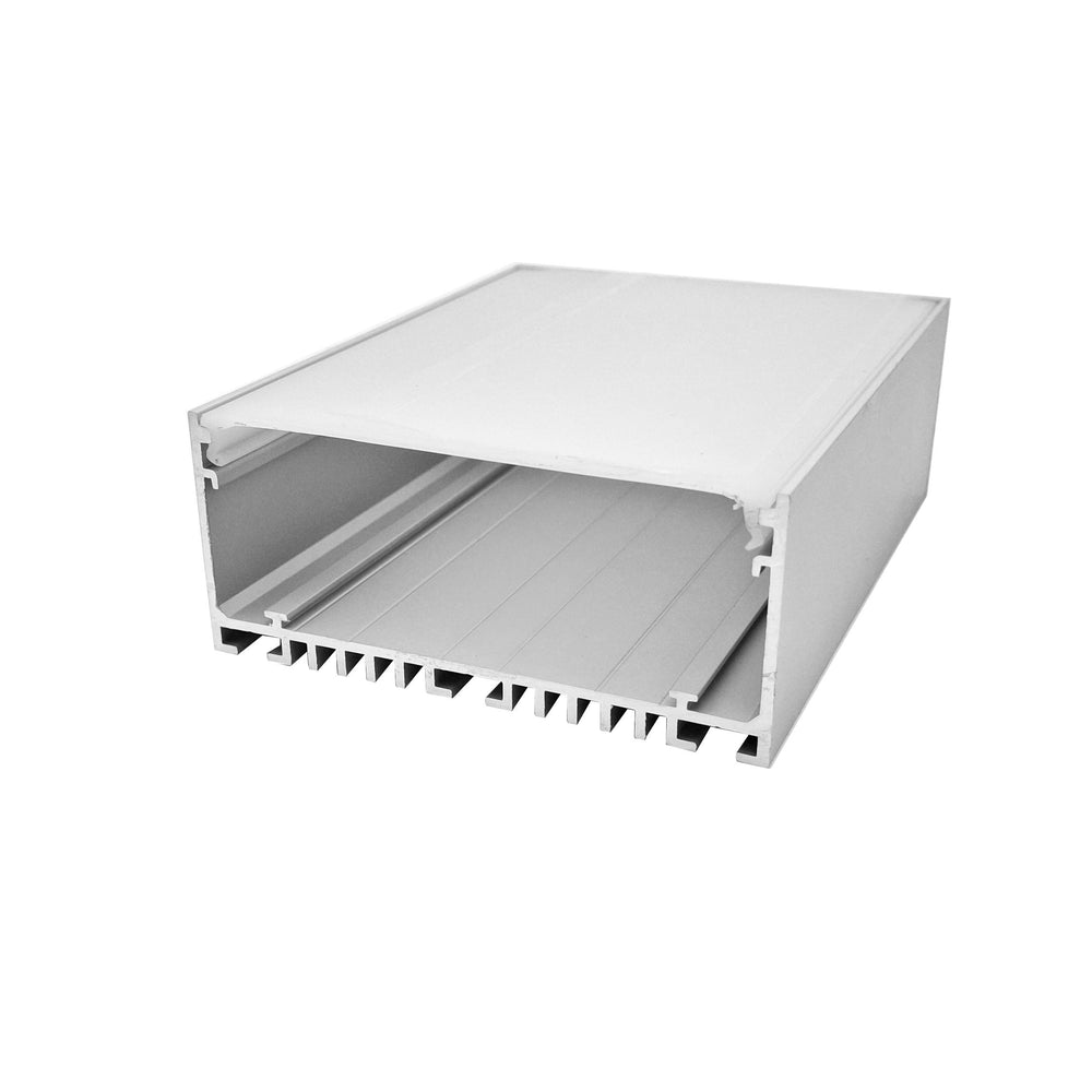 Moss LED ALSST-8035C aluminum channel without cover angle view showing open wide profile with heat dissipation fins on bottom silver white background