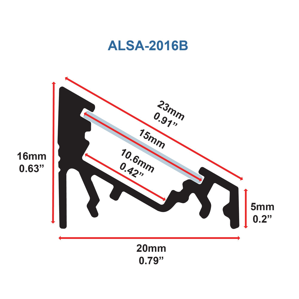 Moss LED aluminum channel ALSA-2016B detailed cross section dimensions diagram showing 20mm width 16mm height 23mm diagonal 15mm inner width 10.6mm depth 5mm base in millimeters and inches